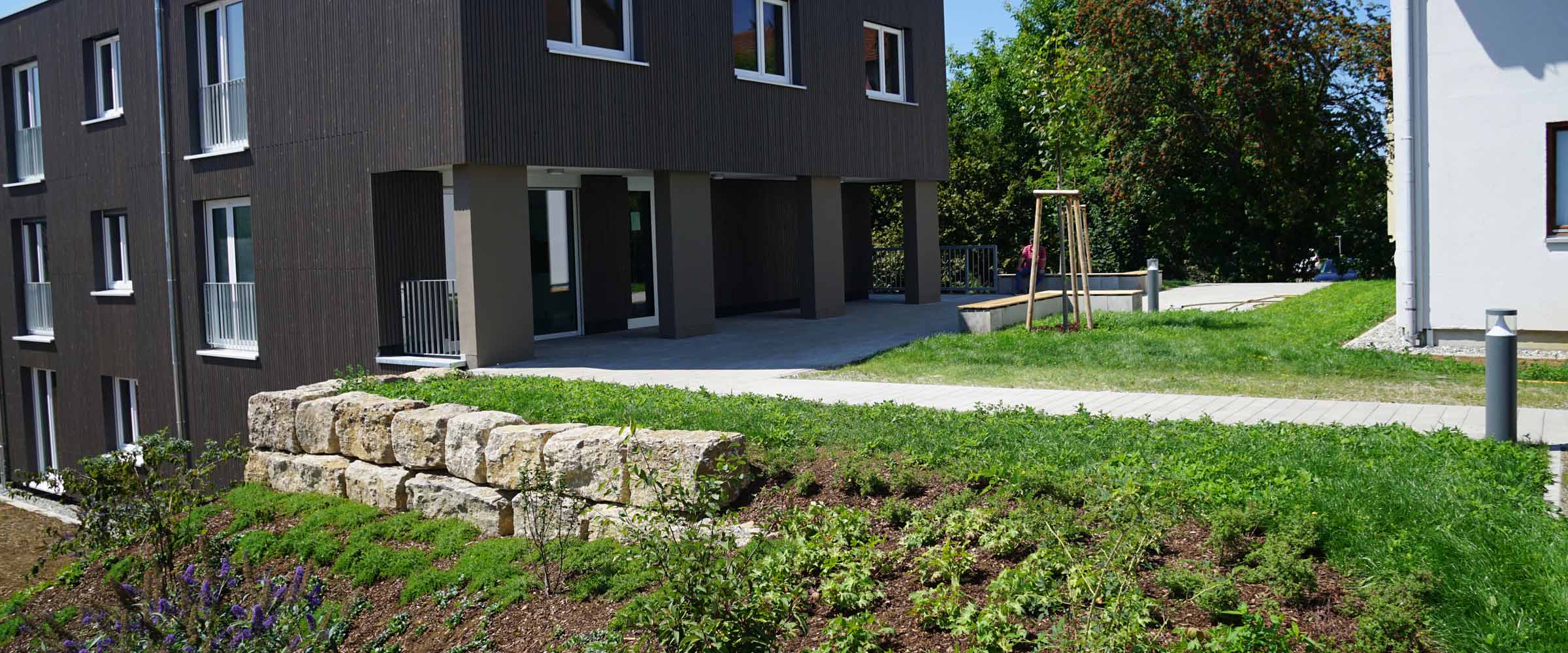 Natursteinmauer und Pflanzfläche in einer neuen Freianlage